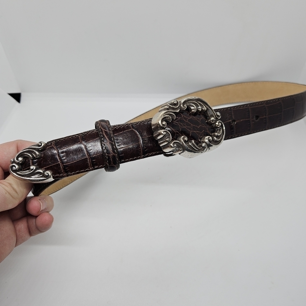 Brighton brown croc embossed belt with decorative silver tone buckle medium - Picture 2 of 6